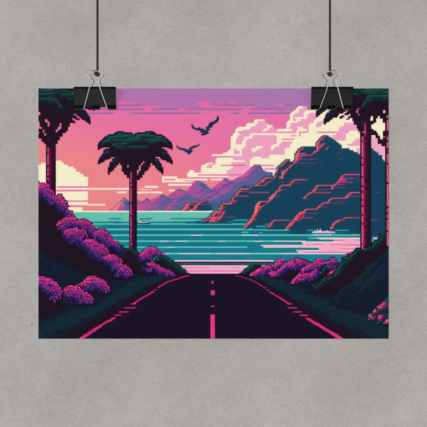 Vaporwave Road To Paradise Pixel Poster Art Print | Aesthetic Synthwave Gamer Wall Decor | 3 Paper Options