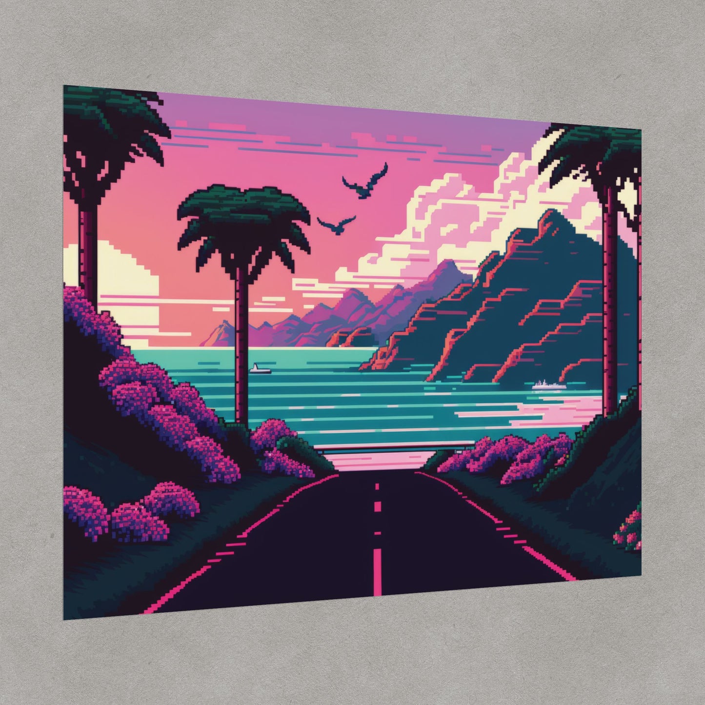 Vaporwave Road To Paradise Pixel Poster Art Print | Aesthetic Synthwave Gamer Wall Decor | 3 Paper Options