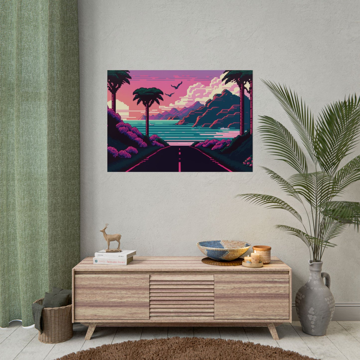 Vaporwave Road To Paradise Pixel Poster Art Print | Aesthetic Synthwave Gamer Wall Decor | 3 Paper Options