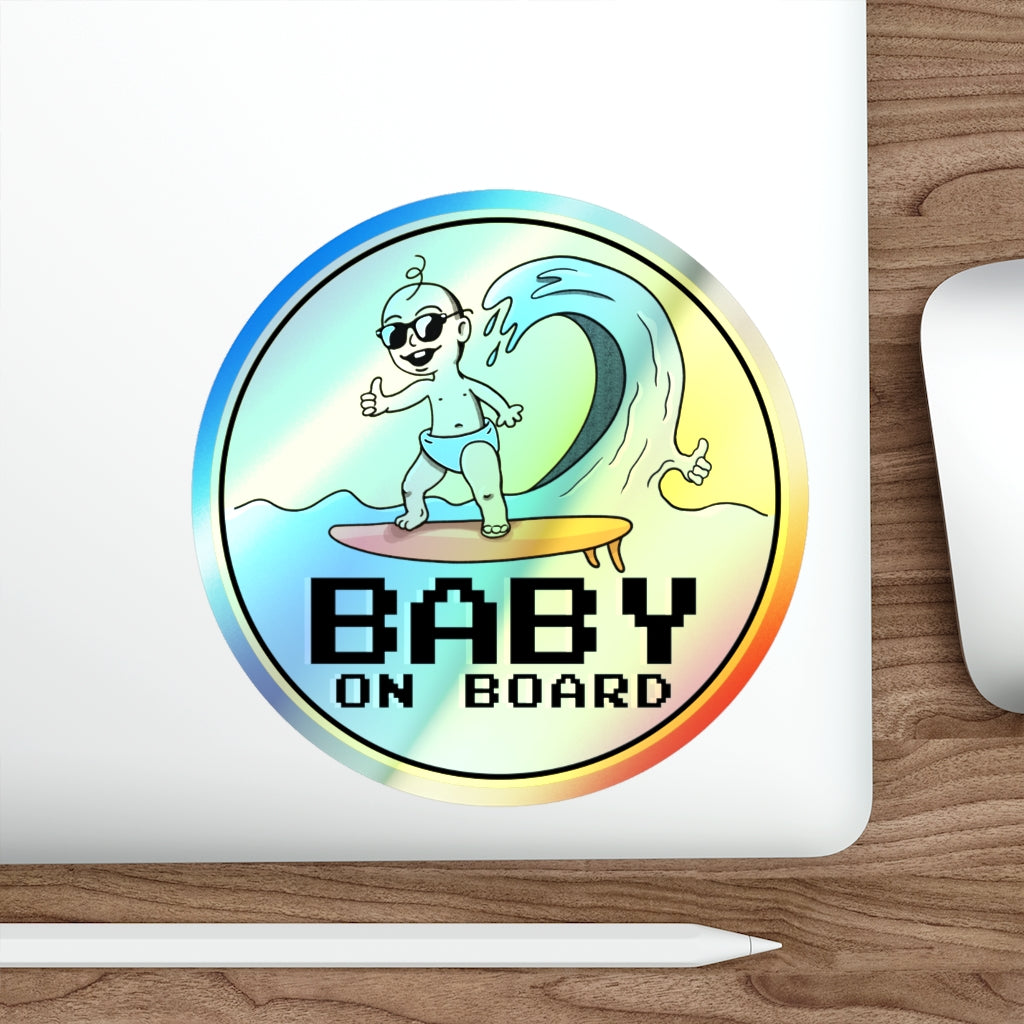 Baby on Board Holographic Vinyl Sticker | Funny Punny Surfing Baby Shiny Sticker