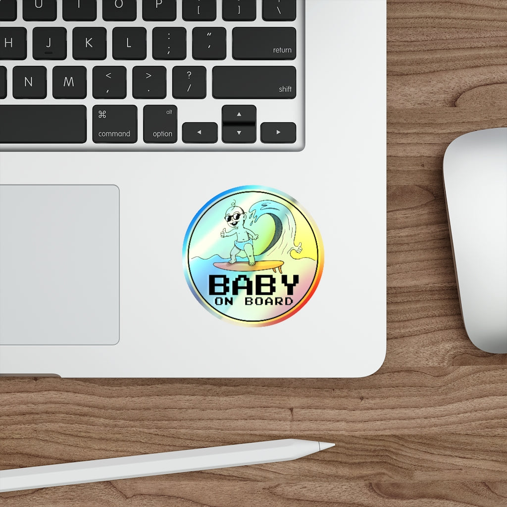 Baby on Board Holographic Vinyl Sticker | Funny Punny Surfing Baby Shiny Sticker