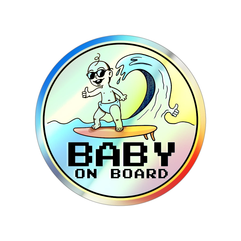 Baby on Board Holographic Vinyl Sticker | Funny Punny Surfing Baby Shiny Sticker