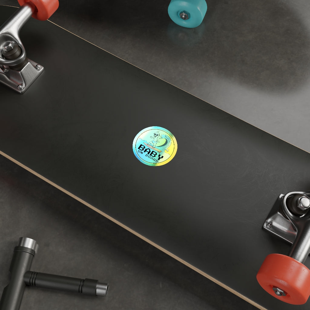 Baby on Board Holographic Vinyl Sticker | Funny Punny Surfing Baby Shiny Sticker
