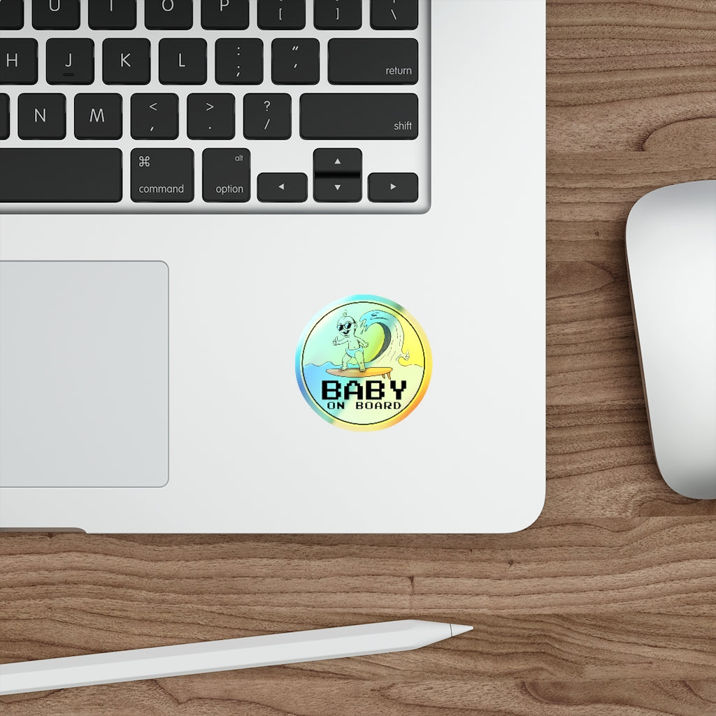 Baby on Board Holographic Vinyl Sticker | Funny Punny Surfing Baby Shiny Sticker