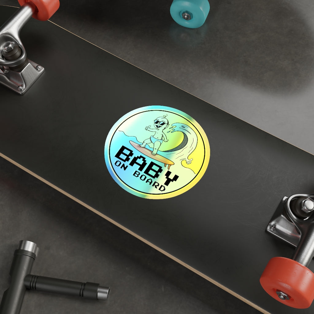 Baby on Board Holographic Vinyl Sticker | Funny Punny Surfing Baby Shiny Sticker