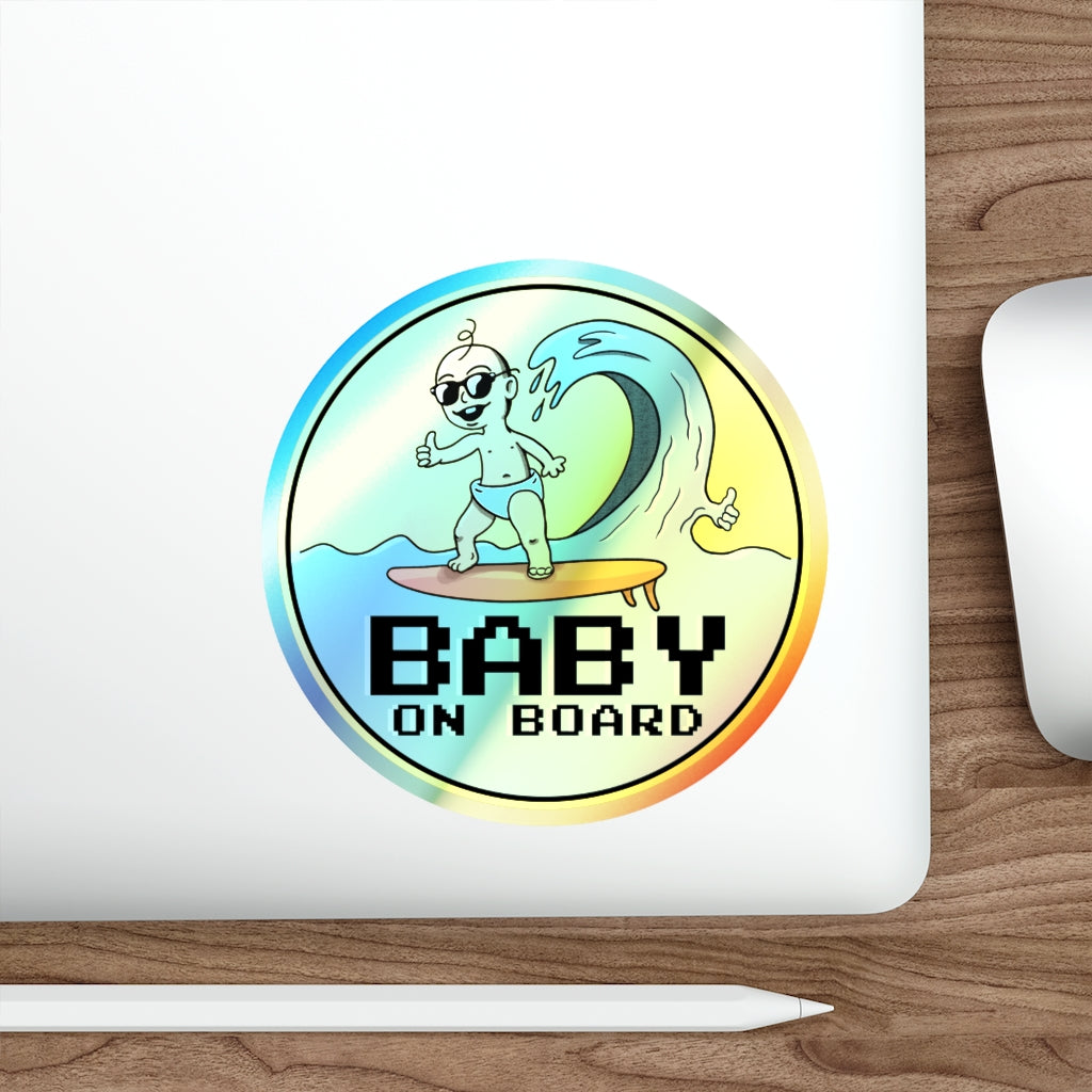 Baby on Board Holographic Vinyl Sticker | Funny Punny Surfing Baby Shiny Sticker