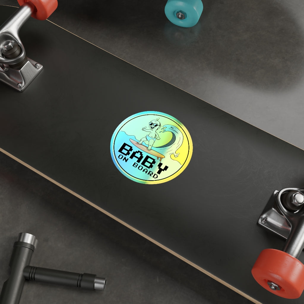 Baby on Board Holographic Vinyl Sticker | Funny Punny Surfing Baby Shiny Sticker