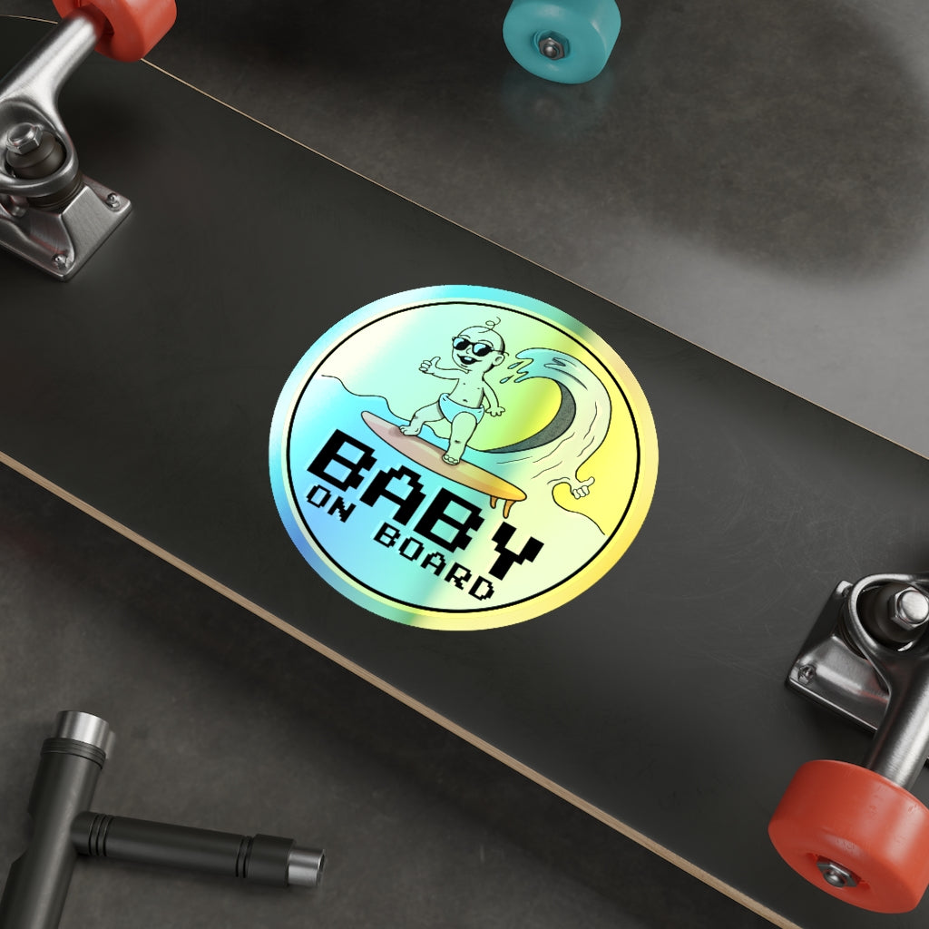 Baby on Board Holographic Vinyl Sticker | Funny Punny Surfing Baby Shiny Sticker