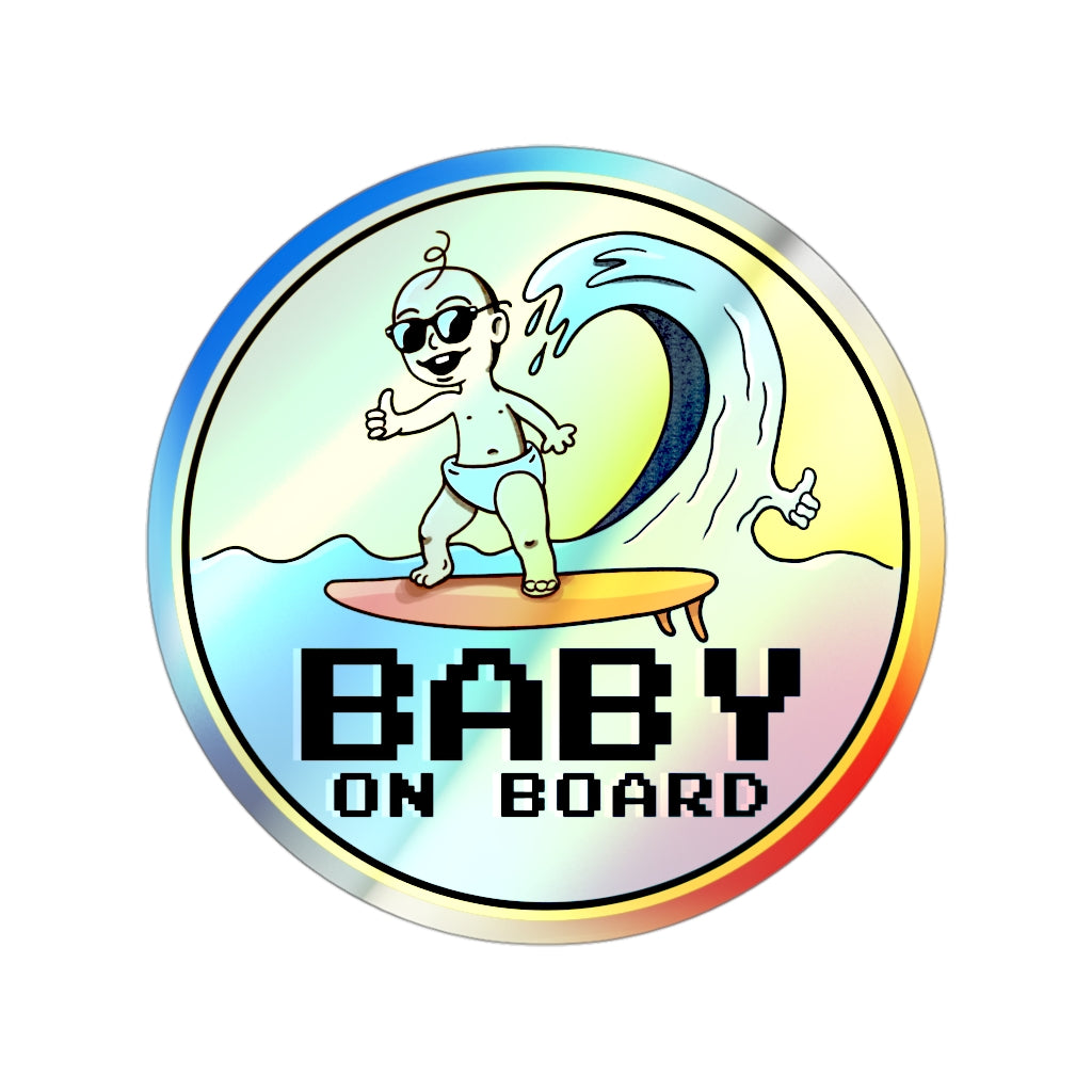 Baby on Board Holographic Vinyl Sticker | Funny Punny Surfing Baby Shiny Sticker