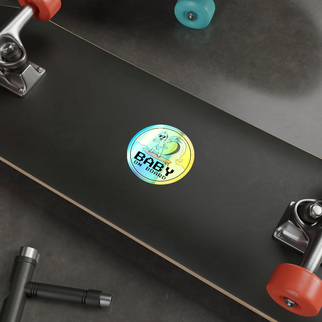 Baby on Board Holographic Vinyl Sticker | Funny Punny Surfing Baby Shiny Sticker