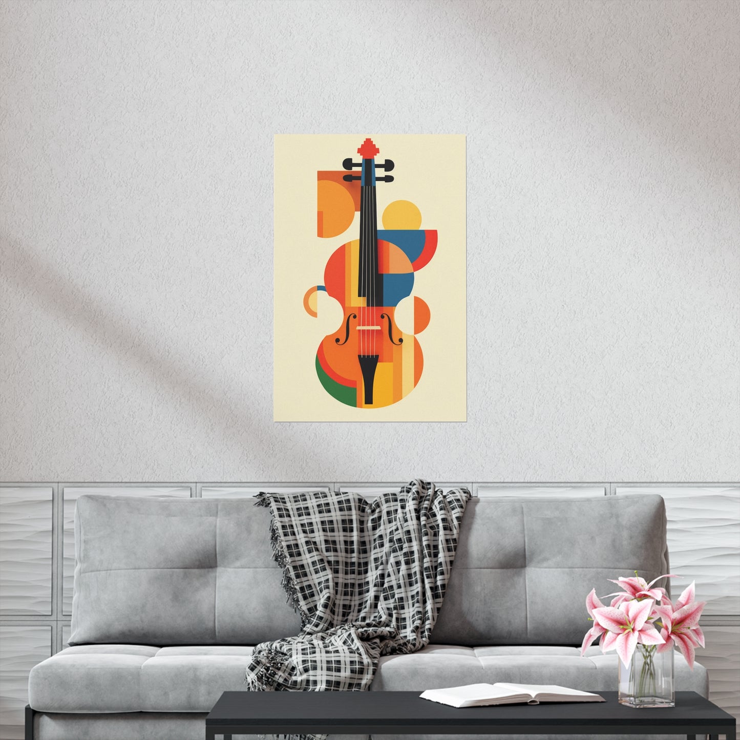 geometric bauhaus colorful violin viola cello poster hanging above gray couch