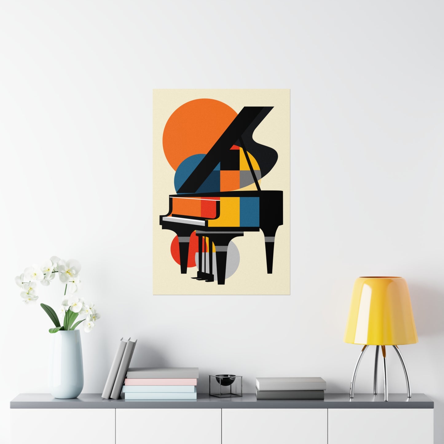 colorful geometric abstract piano poster, bauhaus style