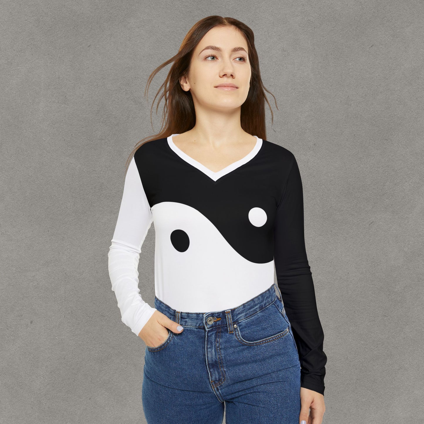 Yin Yang V-neck Long Sleeve Shirt | Black White Balance Top