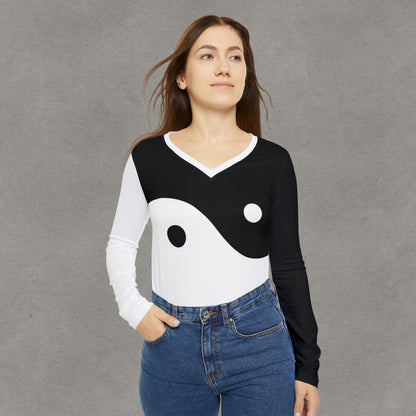 Yin Yang V-neck Long Sleeve Shirt | Black White Balance Top