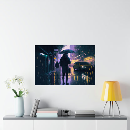 poster art of a rainy city at night, purple and yellow lights