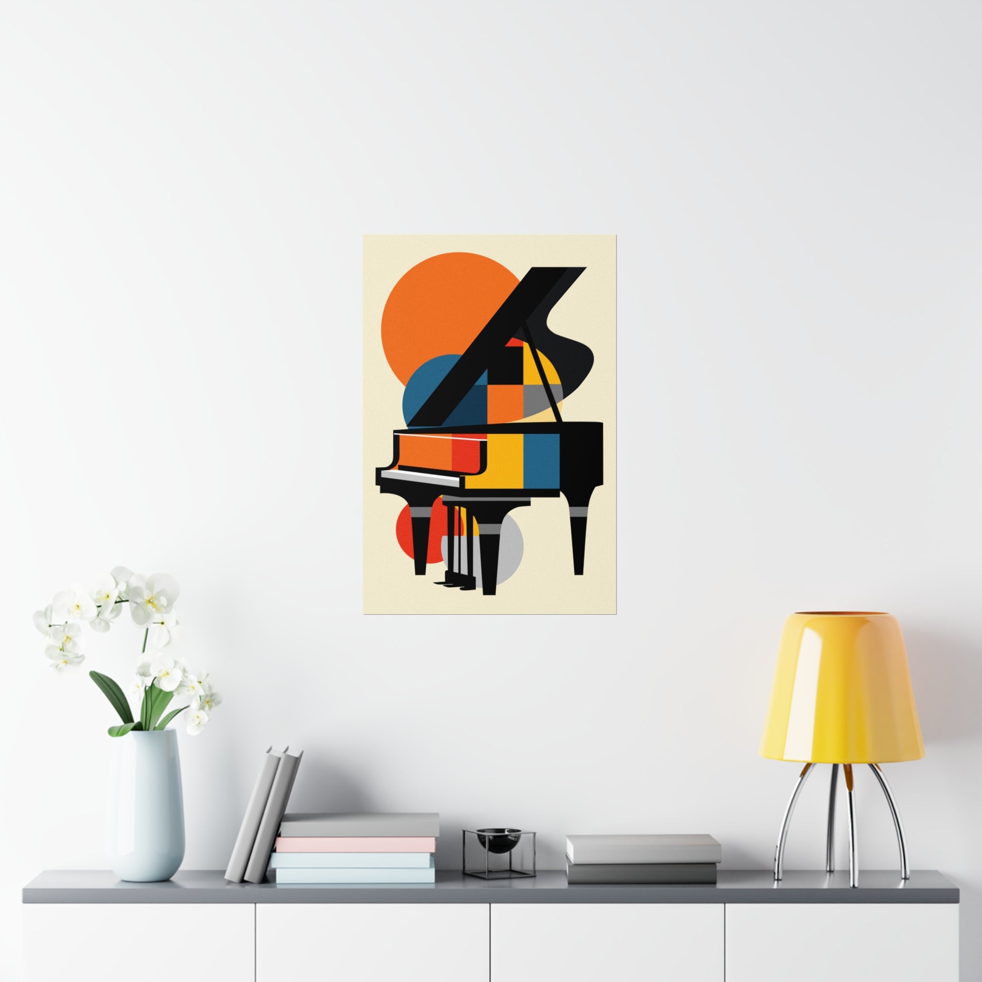 colorful geometric abstract piano poster, bauhaus style