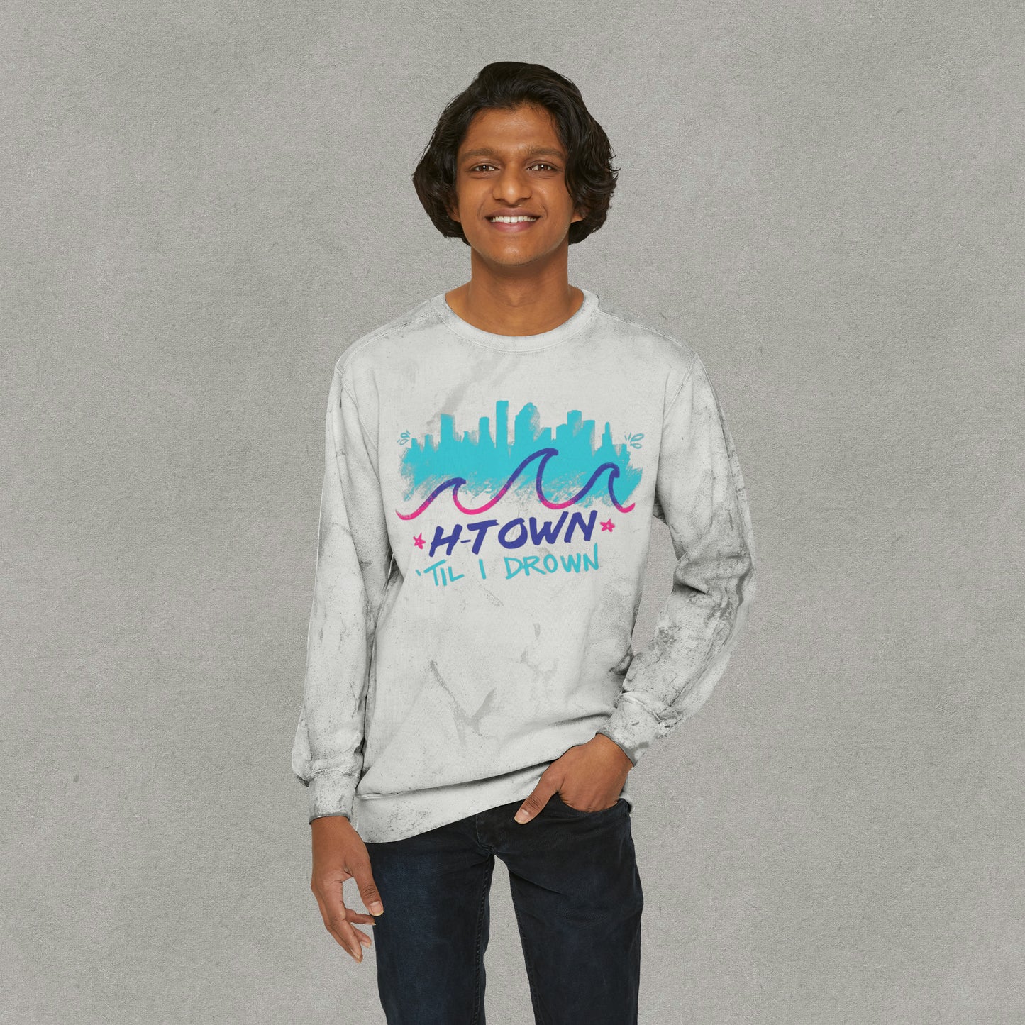 Htown Til I Drown Color Blast Crewneck Sweatshirt - HTX Sweater Streetwear - Houston Texas Screwston