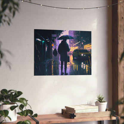 poster art of a rainy city at night, purple and yellow lights