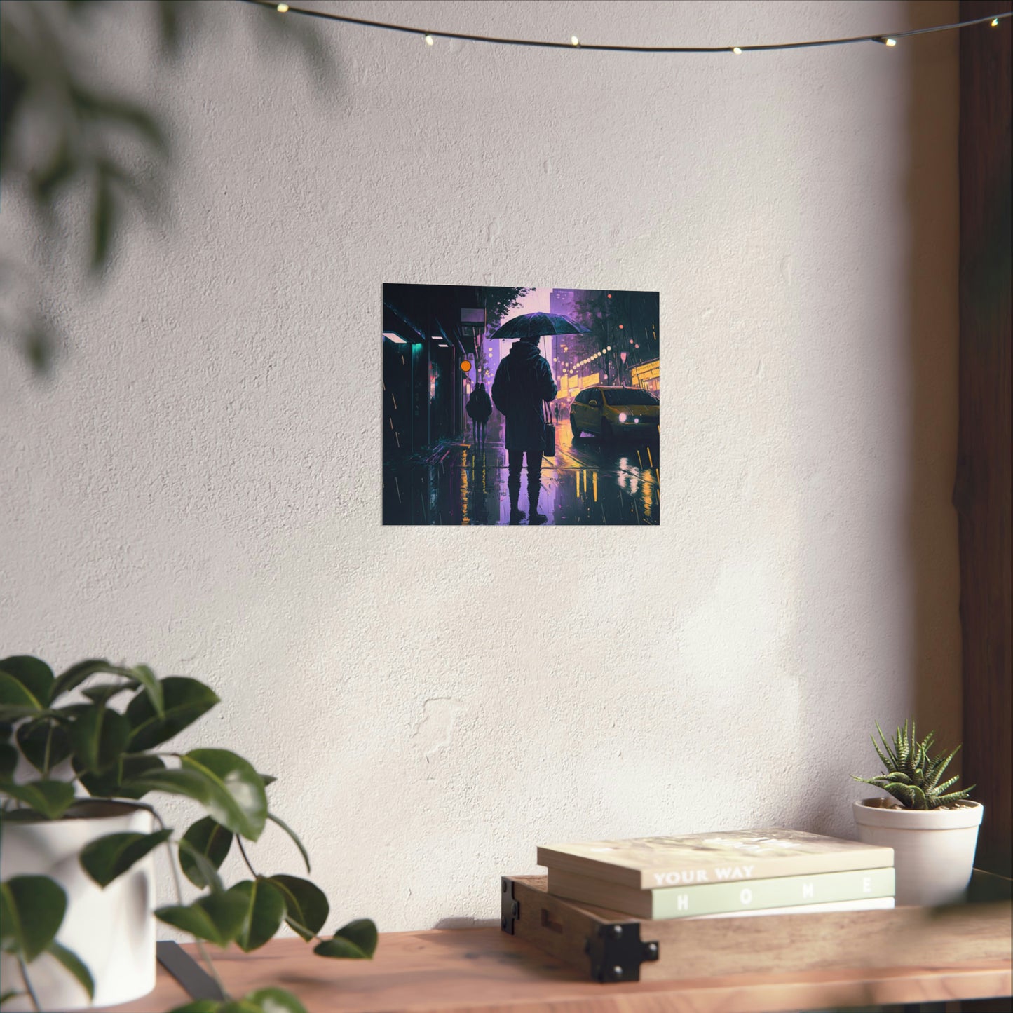 poster art of a rainy city at night, purple and yellow lights