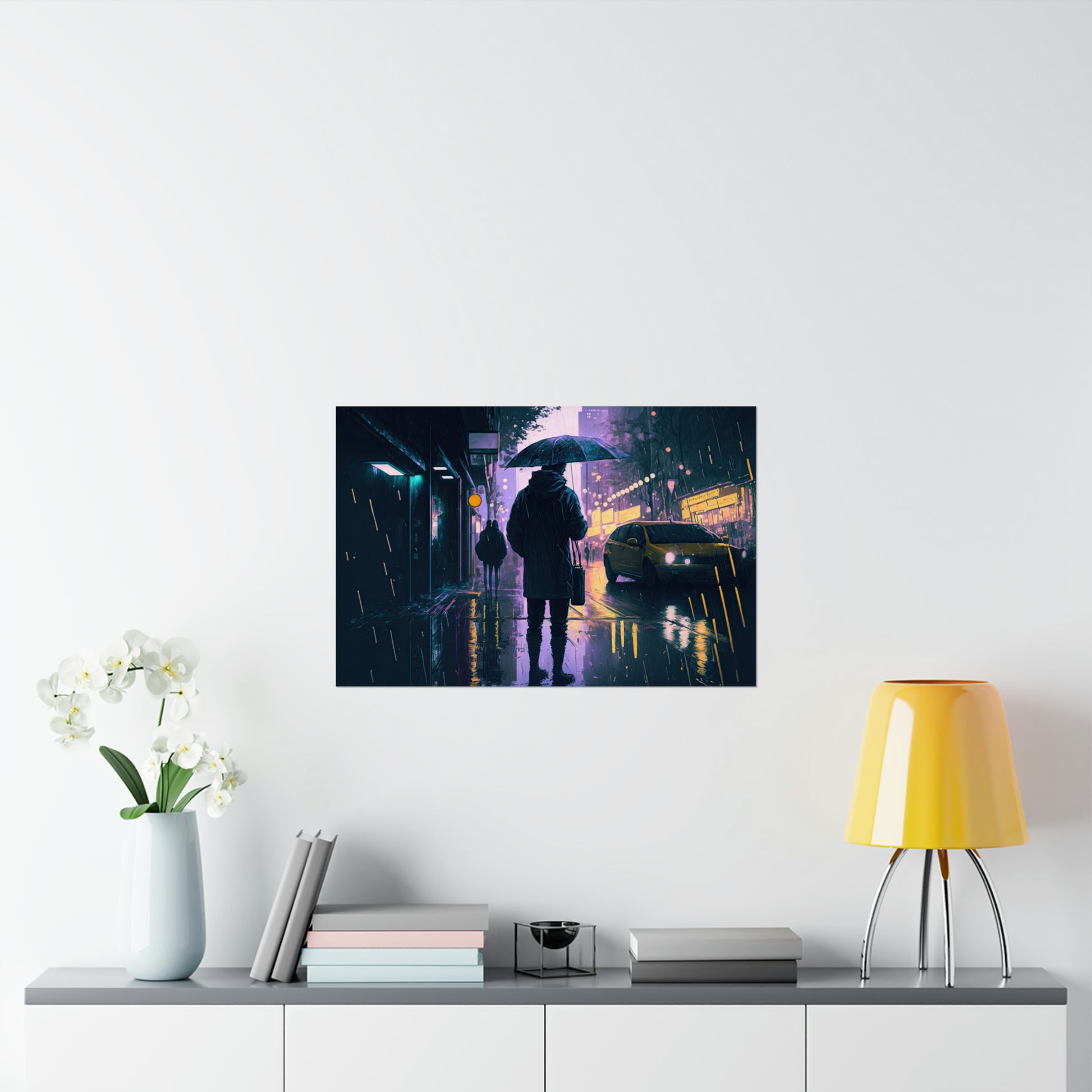 poster art of a rainy city at night, purple and yellow lights