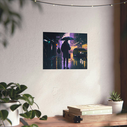 poster art of a rainy city at night, purple and yellow lights