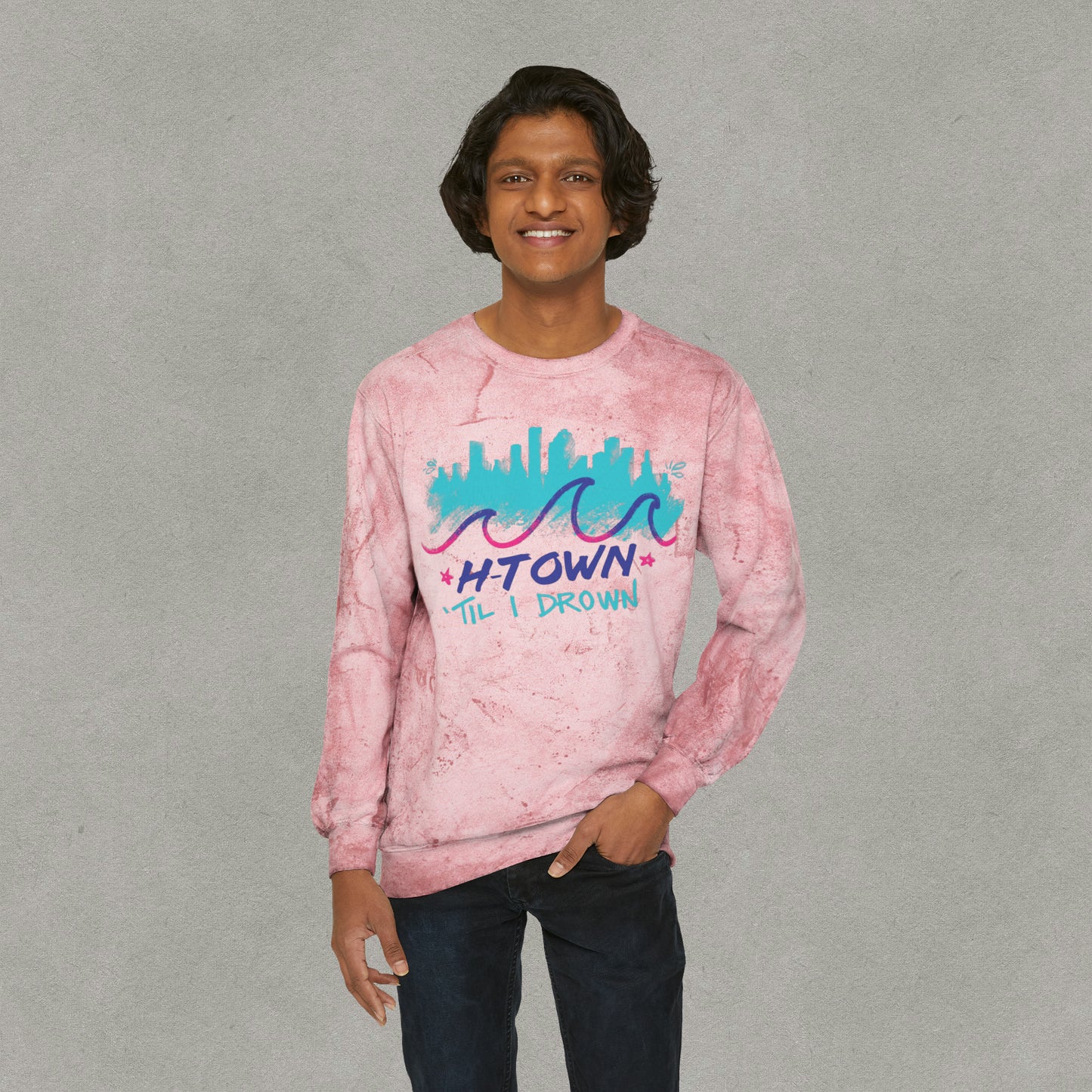 Htown Til I Drown Color Blast Crewneck Sweatshirt - HTX Sweater Streetwear - Houston Texas Screwston