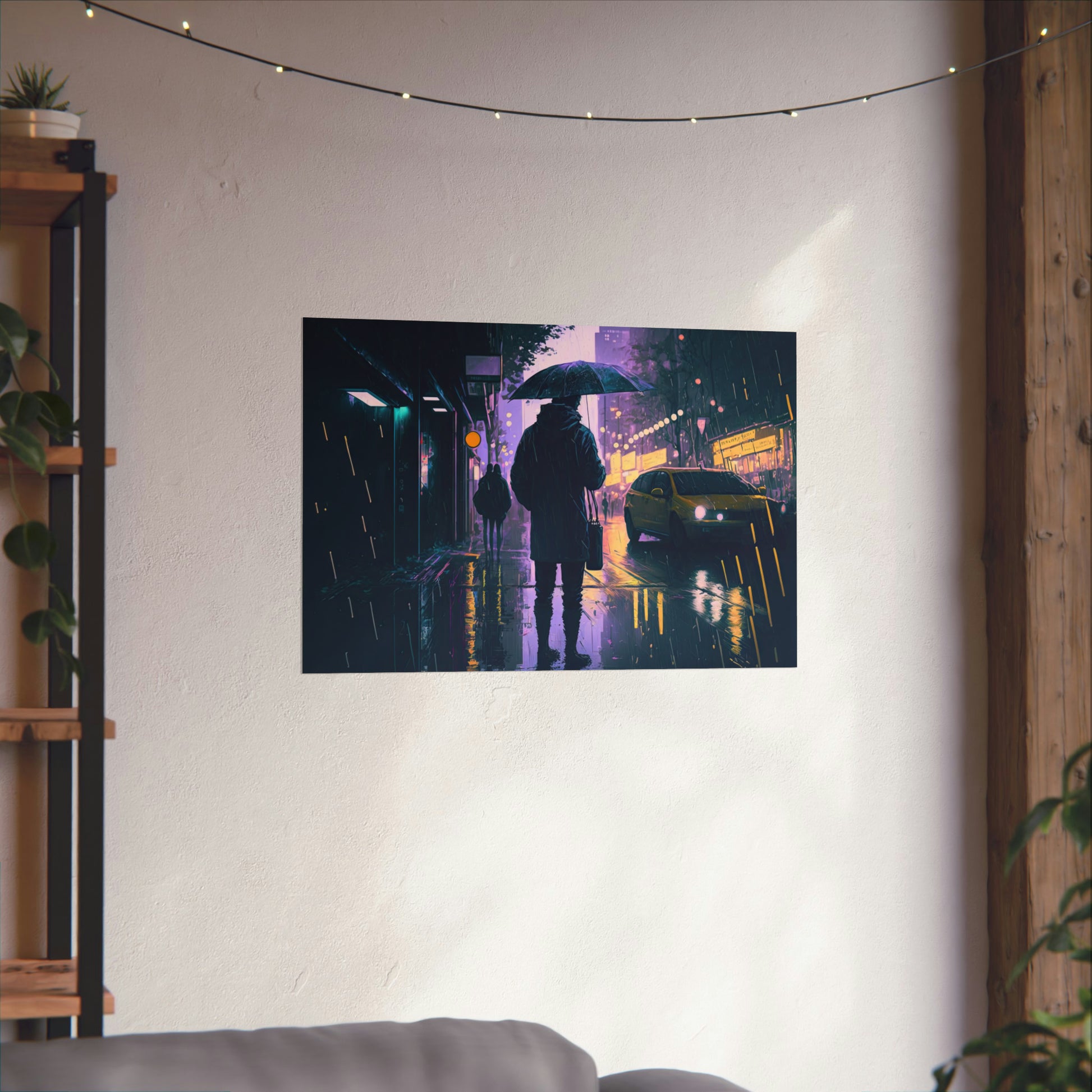 poster art of a rainy city at night, purple and yellow lights