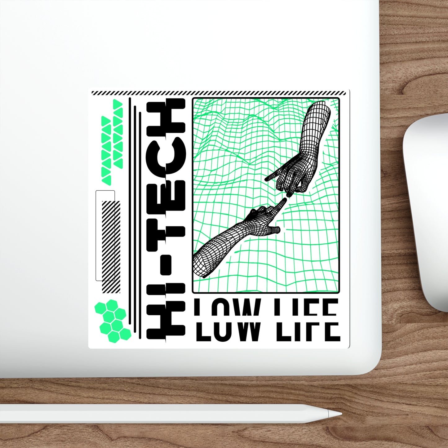 Hi Tech Low Life Sticker Vinyl | Cyberpunk Vaporwave Outrun Aesthetic | Typography Wireframe 2x2"-6x6"