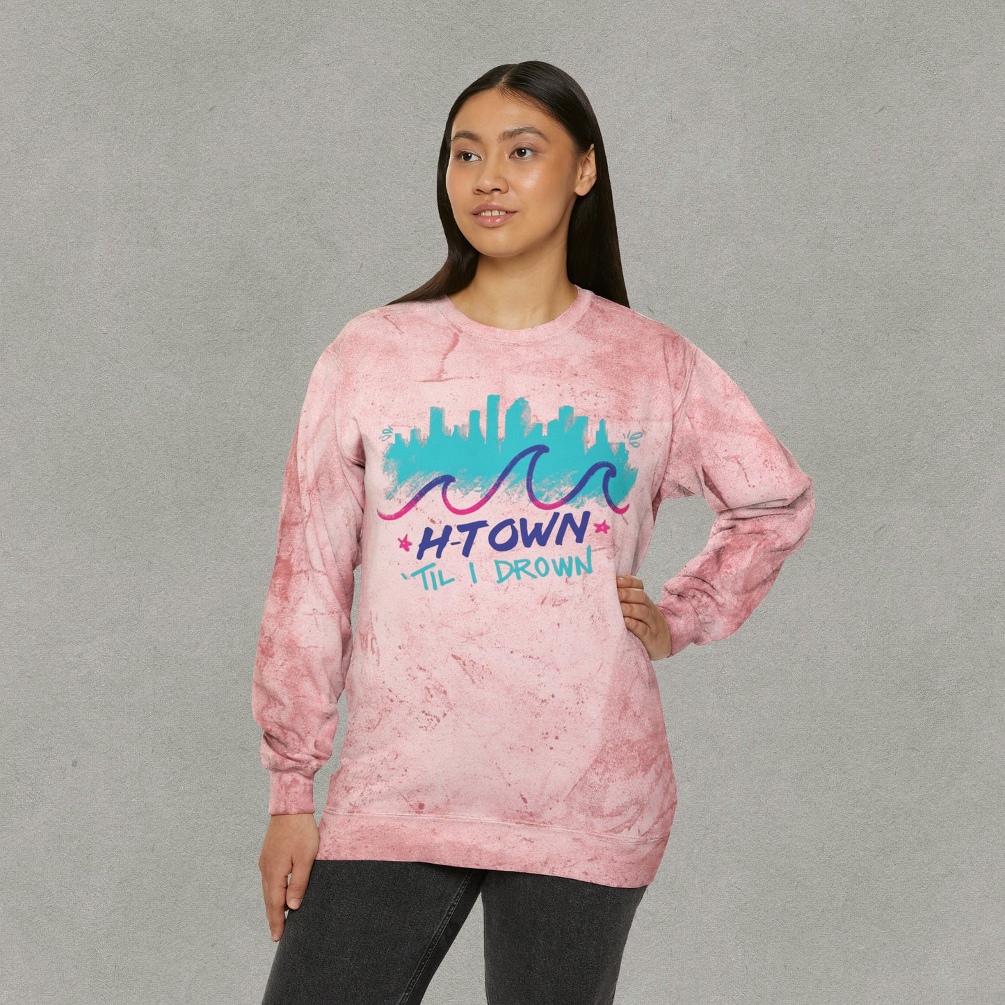 Htown Til I Drown Color Blast Crewneck Sweatshirt - HTX Sweater Streetwear - Houston Texas Screwston