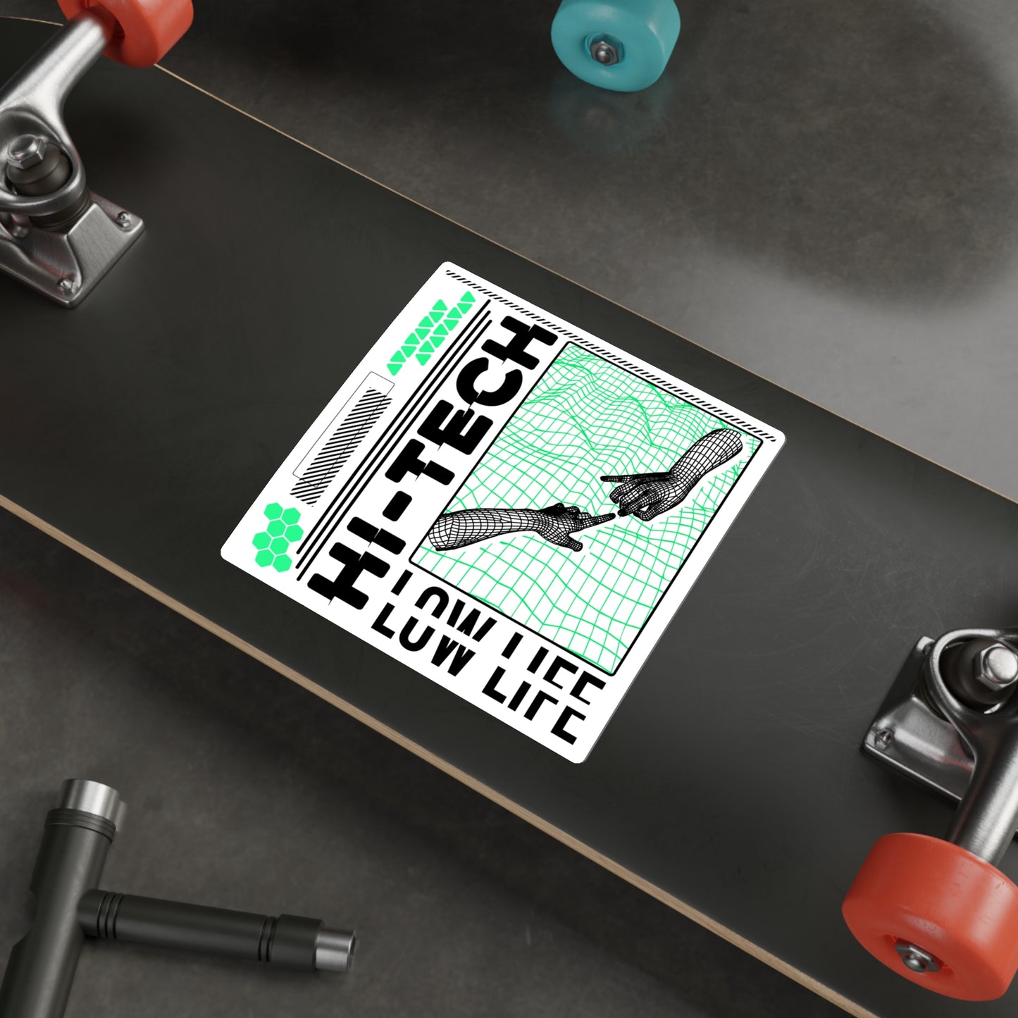 Hi Tech Low Life Sticker Vinyl | Cyberpunk Vaporwave Outrun Aesthetic | Typography Wireframe 2x2"-6x6"