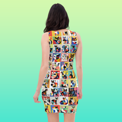 Meowhaus Cat Lover Bodycon Dress | Geometric Kitties | Mondrian Bauhaus Wearable Art