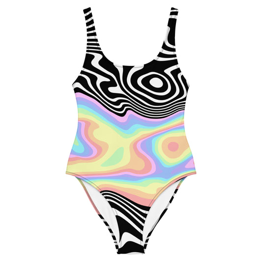 Trippy RGB Melt Swimsuit - Psychedelic Black & White One-Piece Swimwear