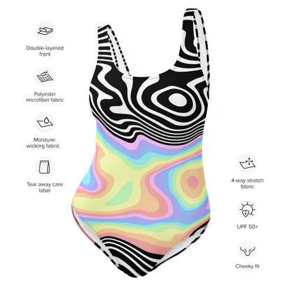 Trippy RGB Melt Swimsuit - Psychedelic Black & White One-Piece Swimwear