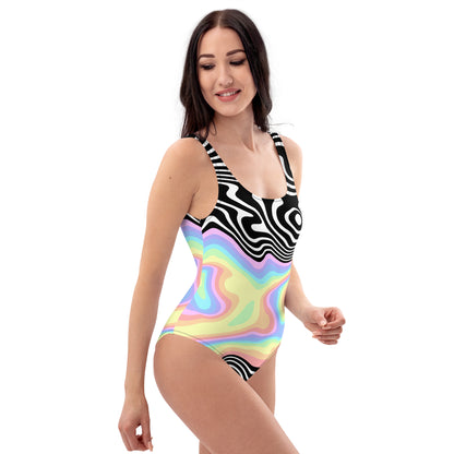 Trippy RGB Melt Swimsuit - Psychedelic Black & White One-Piece Swimwear