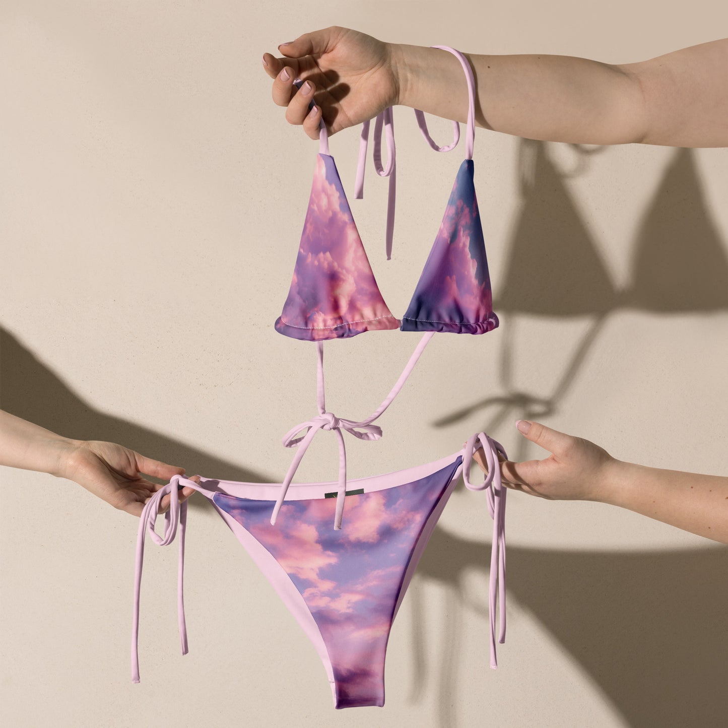 cloudy dreamy two piece string bikini, purple pink clouds