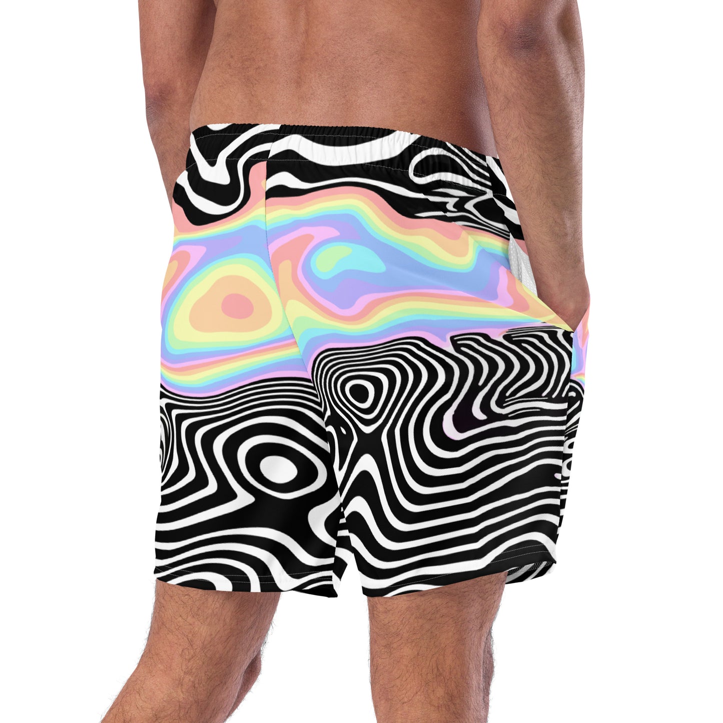 Trippy RGB Melt Swim Trunks - Psychedelic Black and White Shorts