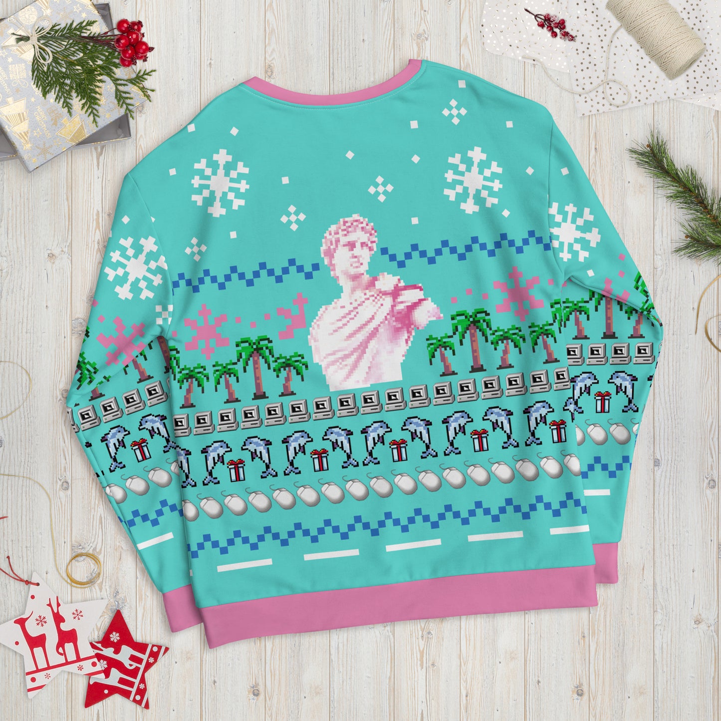 Vaporwave Statue Ugly Christmas Sweater | Aesthetic Holiday Dolphin Palm Tree Sweatshirt