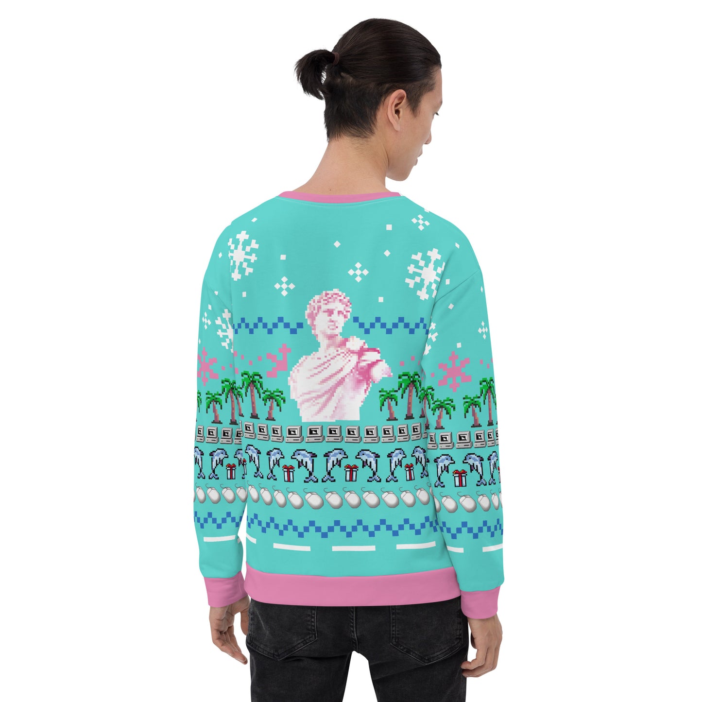 Vaporwave Statue Ugly Christmas Sweater | Aesthetic Holiday Dolphin Palm Tree Sweatshirt