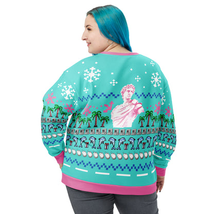 Vaporwave Statue Ugly Christmas Sweater | Aesthetic Holiday Dolphin Palm Tree Sweatshirt