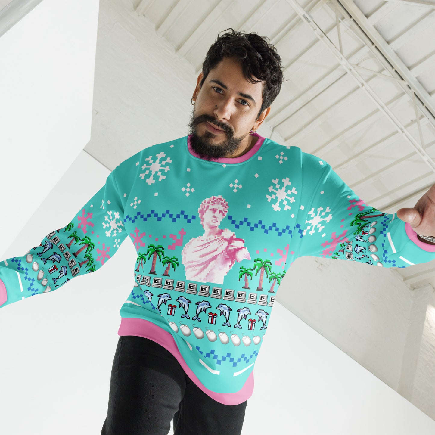 Vaporwave Statue Ugly Christmas Sweater | Aesthetic Holiday Dolphin Palm Tree Sweatshirt