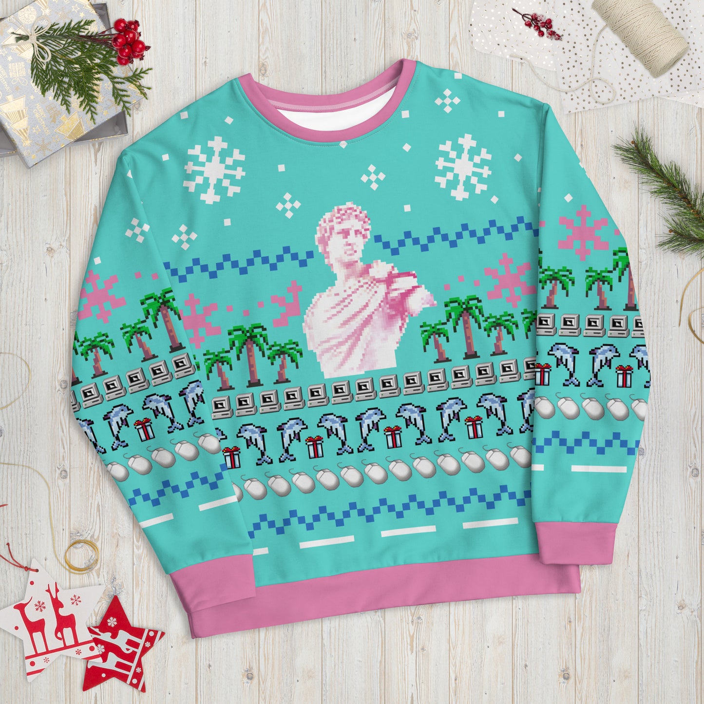 Vaporwave Statue Ugly Christmas Sweater | Aesthetic Holiday Dolphin Palm Tree Sweatshirt