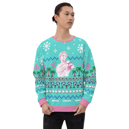 Vaporwave Statue Ugly Christmas Sweater | Aesthetic Holiday Dolphin Palm Tree Sweatshirt