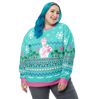 Vaporwave Statue Ugly Christmas Sweater | Aesthetic Holiday Dolphin Palm Tree Sweatshirt