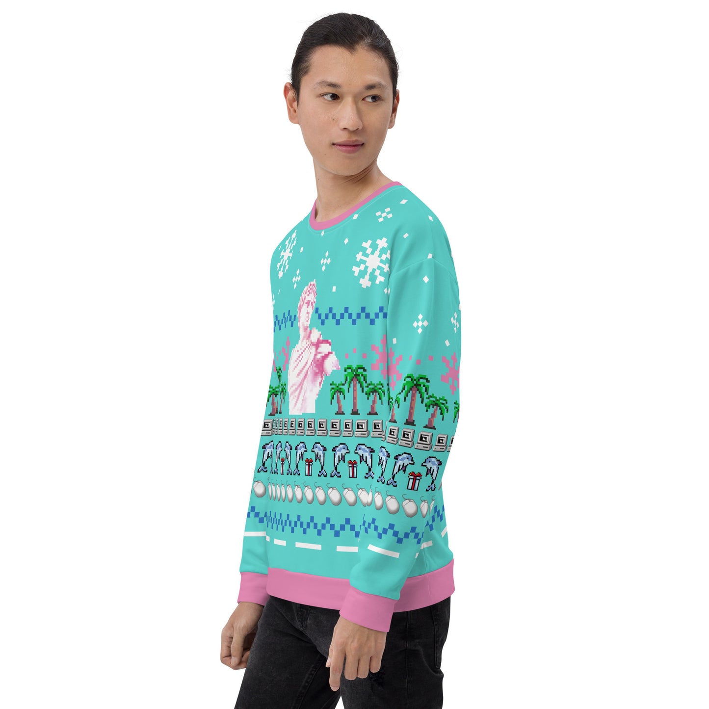 Vaporwave Statue Ugly Christmas Sweater | Aesthetic Holiday Dolphin Palm Tree Sweatshirt