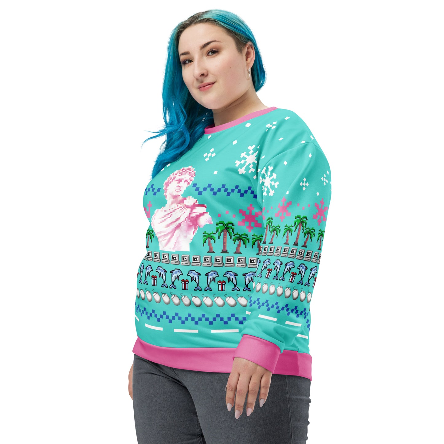 Vaporwave Statue Ugly Christmas Sweater | Aesthetic Holiday Dolphin Palm Tree Sweatshirt