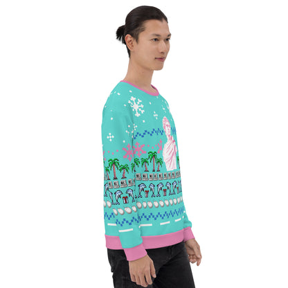 Vaporwave Statue Ugly Christmas Sweater | Aesthetic Holiday Dolphin Palm Tree Sweatshirt