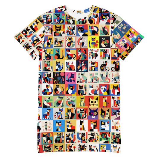 Meowhaus Cat Lover Tshirt Dress | Geometric Kitties | Mondrian Bauhaus 2XS-6XL