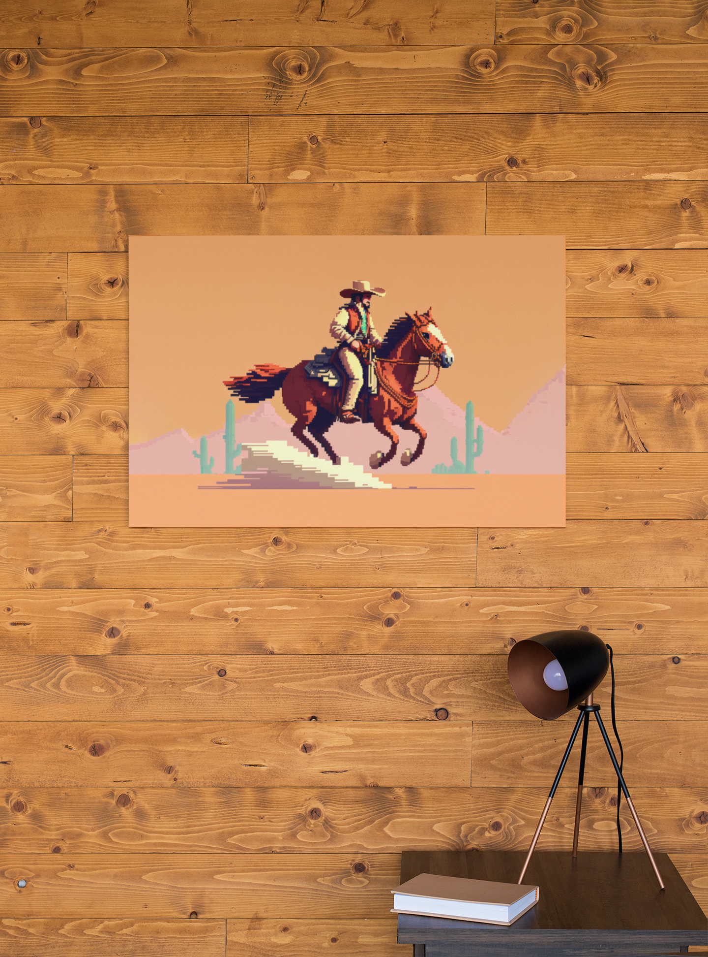 pixel art poster, cowboy riding a horse in the desert