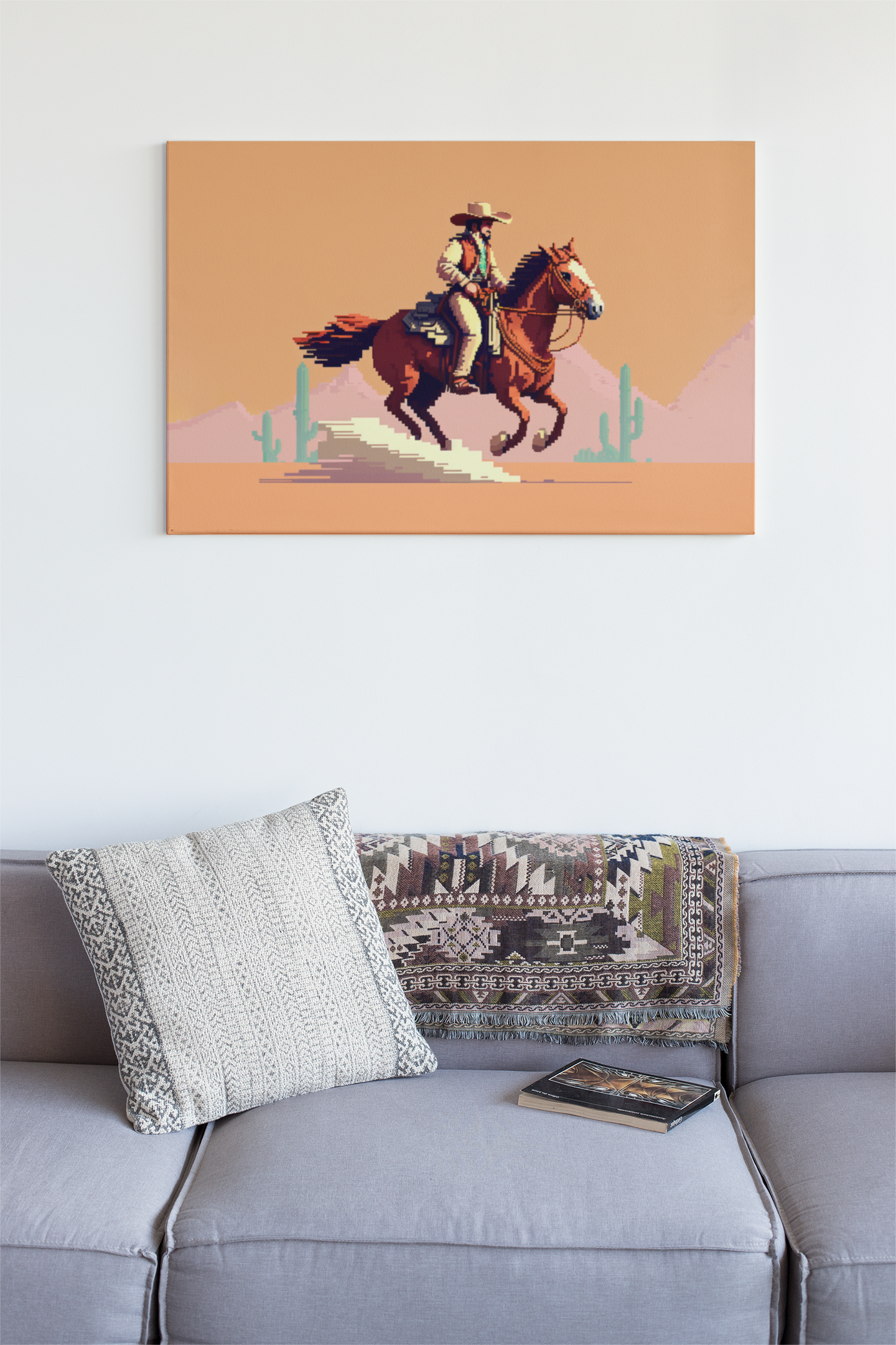 pixel art poster, cowboy riding a horse in the desert