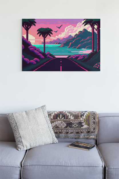 Vaporwave Road To Paradise Pixel Poster Matte Art Print | Aesthetic Synthwave Gamer Wall Decor